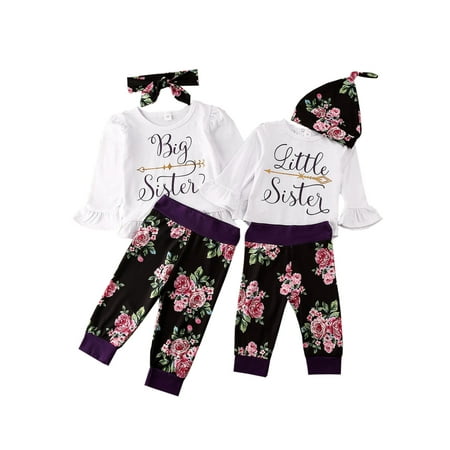 

Toddler Newborn Kids Baby Little Big Sister Tops Romper Flare Sleeve Tops Floral Pants Outfits Sister Matching Set