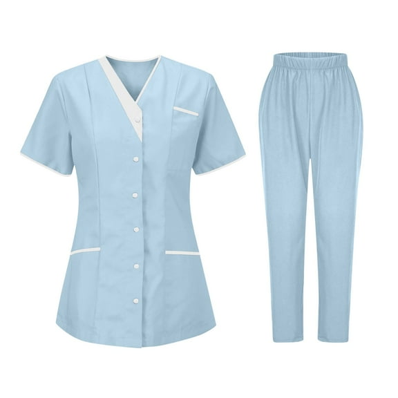 Delliss Nursing Uniforms Scrub Set for Woman Short Sleeve Workwear Nurse Suit Set Light Blue M