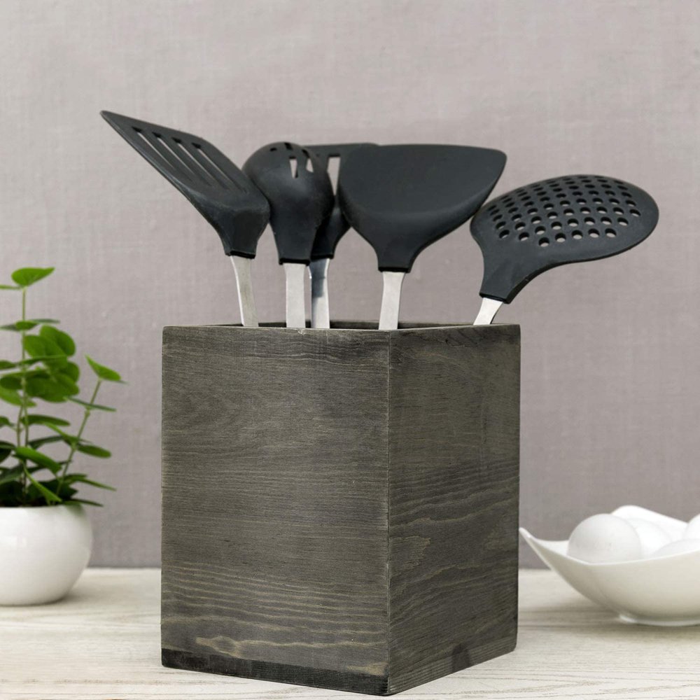 MyGift Rustic Gray Wood Kitchen Cooking Tools Holder