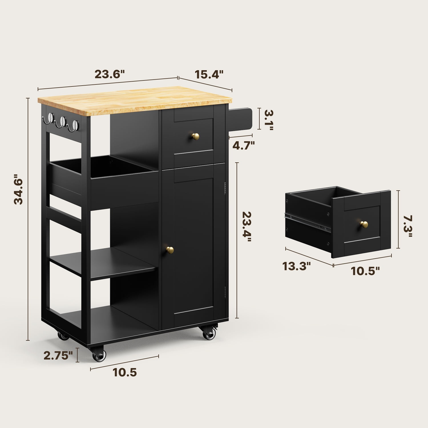 Kitchen Island Cart on Wheels, Asofer Bar Cart with Adjustable Shelf and Removable Tray for Dining Room, Black