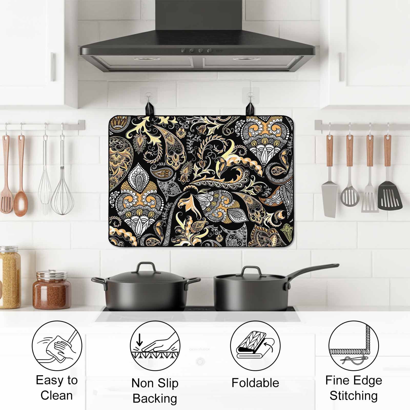 Black Floral Stove Top Cover for Electric Stove, Heat-proof & Non Slip Glass Top Stove Cover Protector, Boho Botanical Vintage Paisley Flower Kitchen Flat Cooktop Rubber Mat 24x21 Inches