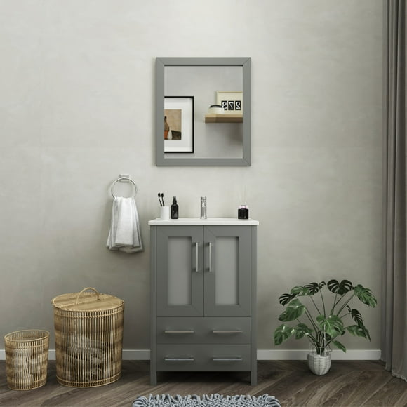 Vanity Art 24 in. W Single Sink Bathroom Vanity with Ceramic Top and Free Mirror
