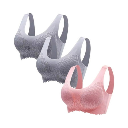 3-Pack Sports Bras for Women Solid Lace Pattern Casual Sticky Bra No Rims Breathable Softy Nursing Bra Vest Elegant Fitted Bras(2Gray+Pink L)