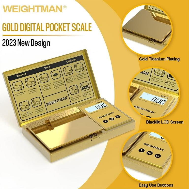 Weightman Digital Scale Gram, 200g/0.01g Pocket Scale Gold Titanium Plating, LCD Backlit Display, Mini Jewelry Scale with 6 Units, Auto Off, Tare