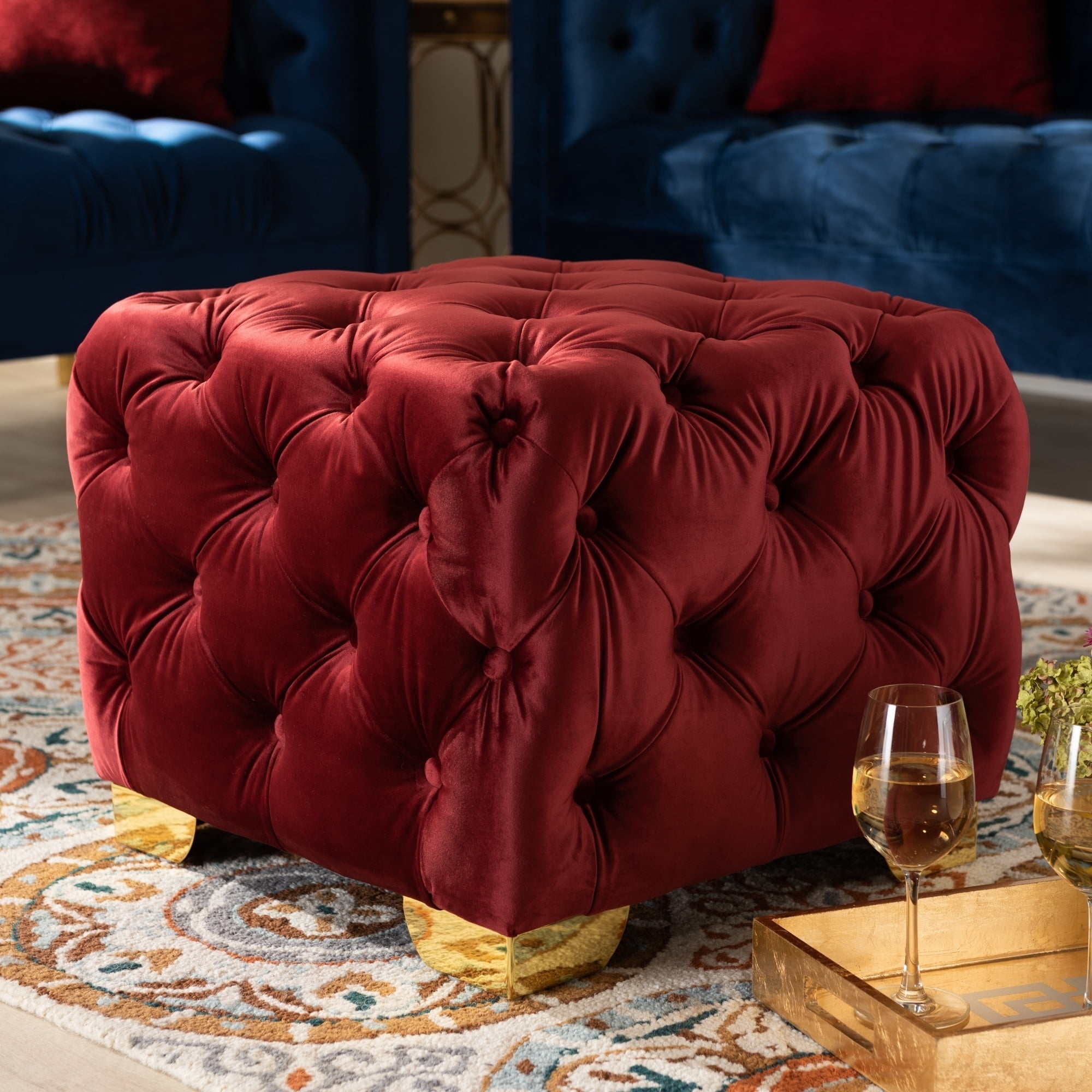 Baxton Studio Avara Glam and Luxe Royal Blue Velvet Fabric Upholstered Gold Finished Button Tufted Ottoman