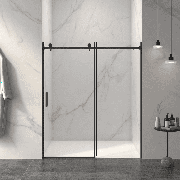 56-60"W x 72"H Frameless Sliding Shower Door,5/16"(8mm) Thick SGCC Tempered Clear Glass,Double Side Easy Clean Coat,Matte Black Finished w/Buffer