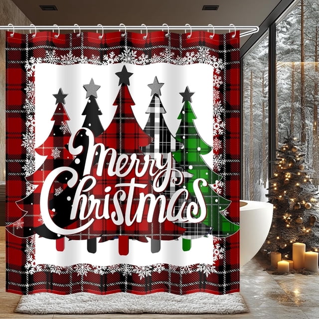 Rideaux de Douche de Noël pour Salle de Bain, Rideau de Douche à Carreaux Rouges Flocons de Neige Arbre de Noël d'Hiver Joyeux Noël Décoration de Salle de Bain avec 12 Crochets Rideau de Douche en Tissu Imperméable 72x72 Pouces