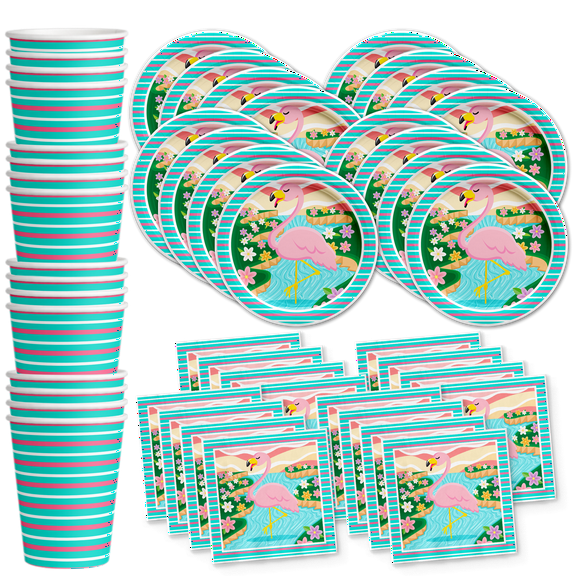 Pink Flamingo Birthday Party Supplies - Flamingo Bridal Shower - Flamingo Baby Shower - Flamingo 1st Birthday | Tableware Set Includes Plates Napkins and Cups | Kit for 16