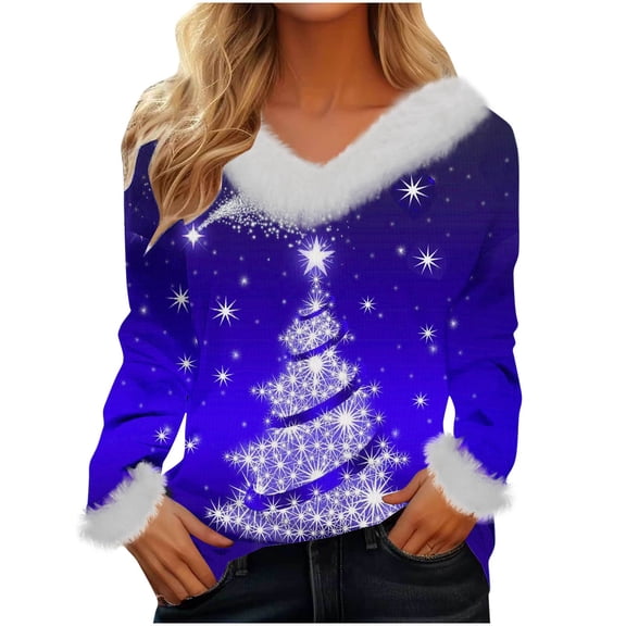 Christmas Tops Women V Neck Blouse Casual Dressy Tunic Tops Christmas Print Tshirts Long Sleeve Sweatshirt for Women Elegant Womens Top For Work Officce Tee Shirts 01-Blue L