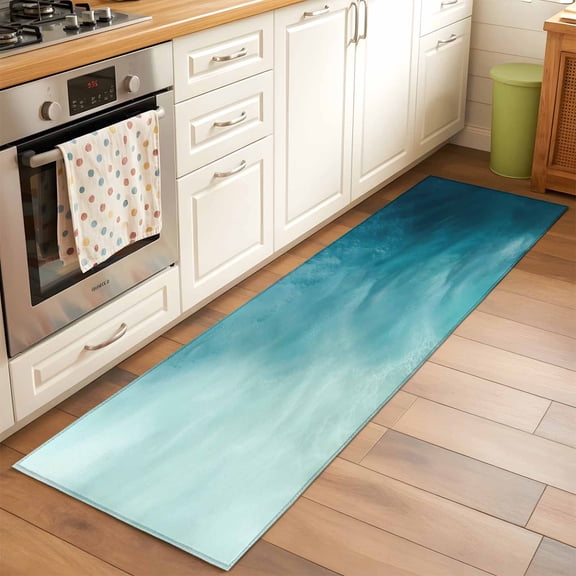 Blue Teal Ombre Runner Rugs 2x6 ft Coastal Beach Abstract Modern Washable Hallway Rugs Non-Slip Floor Mats Absorbent Carpet Bedside Runners for Bedroom Kitchen Bathroom Laundry Room