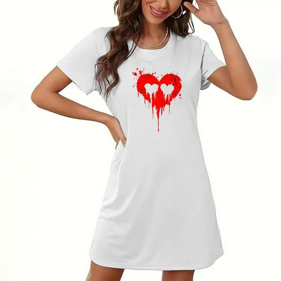 Fjofpr Womens Sleep Dress Halloween Women's Large Size Short Nightdress With Chest Print Round Neck And Short Sleeves White XXL