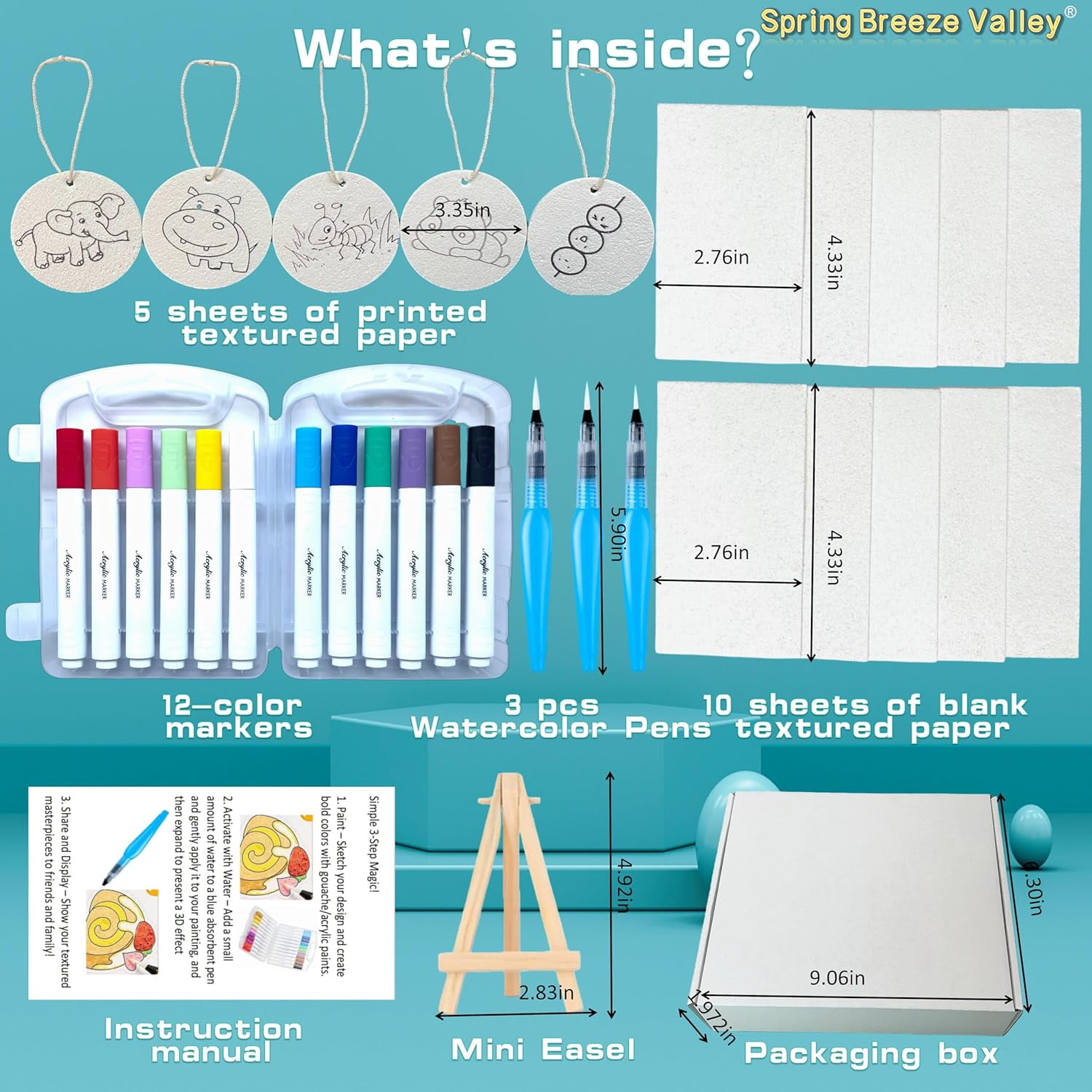 JJEAN-Puffy Paint, Aqua Puffs, Magic Foam Texture Painting Kit, Including 15 Pcs Foam Texture Paper, 12 Colors Brush Tip Acrylic Paint Markers