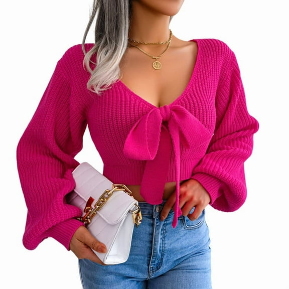 Women Long Sleeve Crop Front Bowknot Ribbed Knit Pullover Sweaters Fall Winter V Neck Crop Tops Pullover Rose Red M
