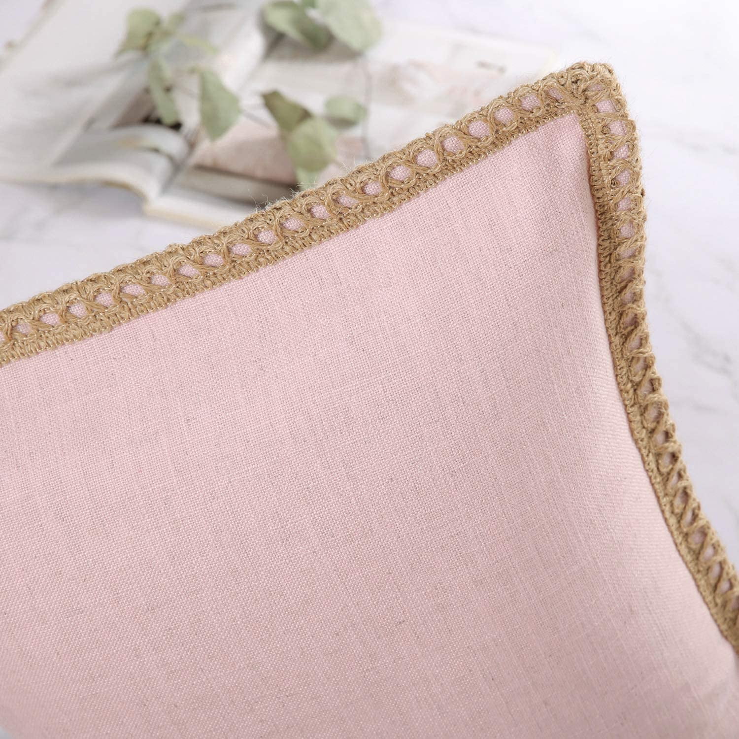 Phantoscope Linen Trimmed Farmhouse Series Decorative Throw Pillow, 20" x 20", Pink, 1 Pack