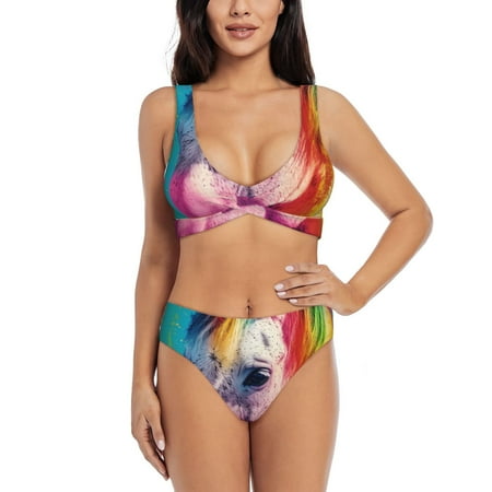 Zeuib Watercolor White Horse High Waisted Tummy Control Bikini Set - Knot Front Push Up Top & Cheeky Thong Bottom  Two-Piece Swimsuit for Women-X-Large