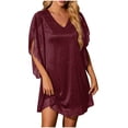 thumbnail image 2 of Women's Short Sleeve Holiday Party Dress Solid Color V Neck Metallic Print Casual Dresses Wine M, 2 of 6