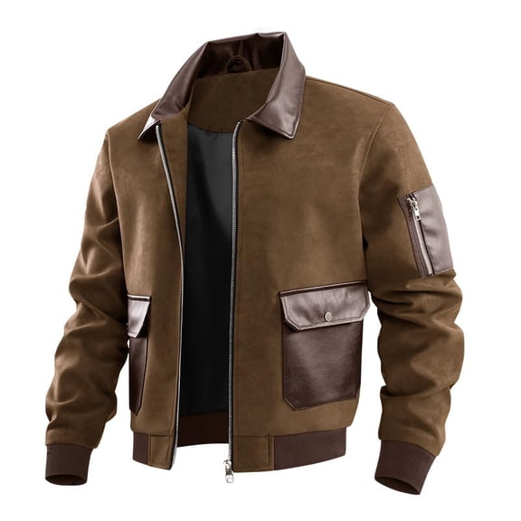 Men's Color Block Flight Jacket Faux Suede Bomber Jacket Lapel Collar Zip Up Bomber Coat Zipper Sleeve Vintage