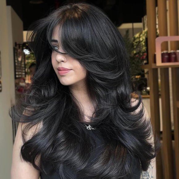 Yanonmyfd Wig with Bangs Long Wavy Copper Red Layered Wig with Curtain Bangs for White Black Women,Synthetic Ginger Reddish Brown Layered Long Wavy Shaggy for Daily Party 24inch