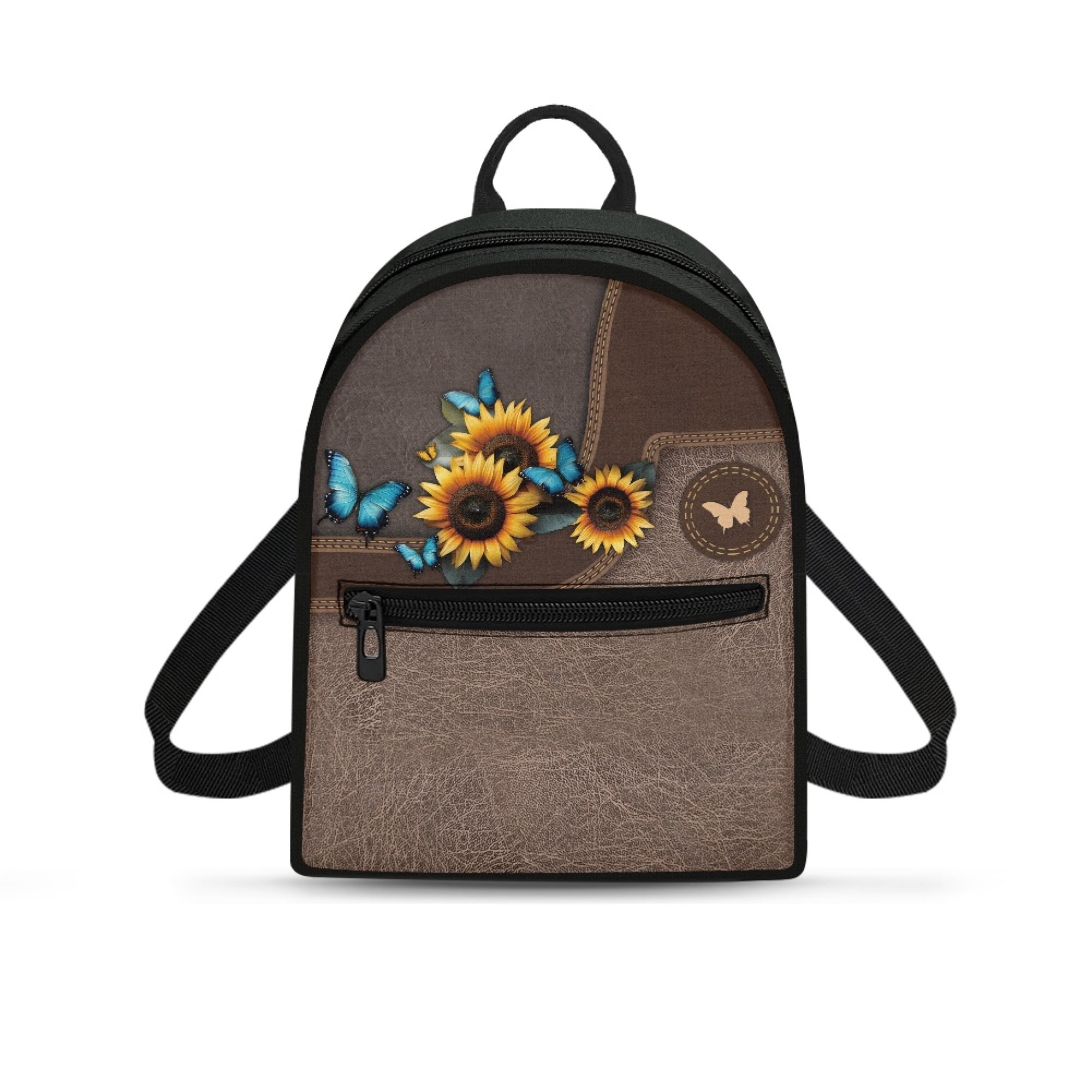 Eheartsgir Sunflower Butterfly Brown Backpack Front Pocket Polyester Mini Backpack for Shopping Work Adjustable Strap Mini Travel Backpacks