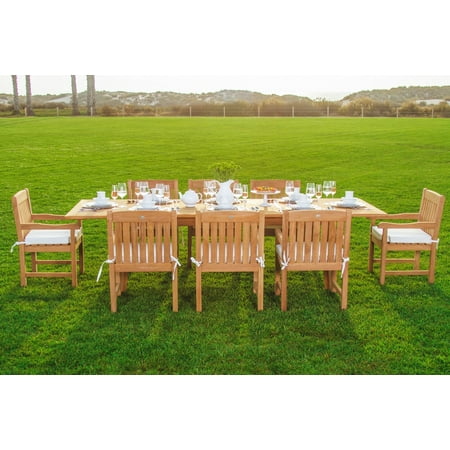 Teak Dining Set:8 Seater 9 Pc - 94" Double Extension Rectangle Table, 8 Arm / Captain Devon Chairs Outdoor Patio Grade-A Teak Wood WholesaleTeak #WMDSDV6