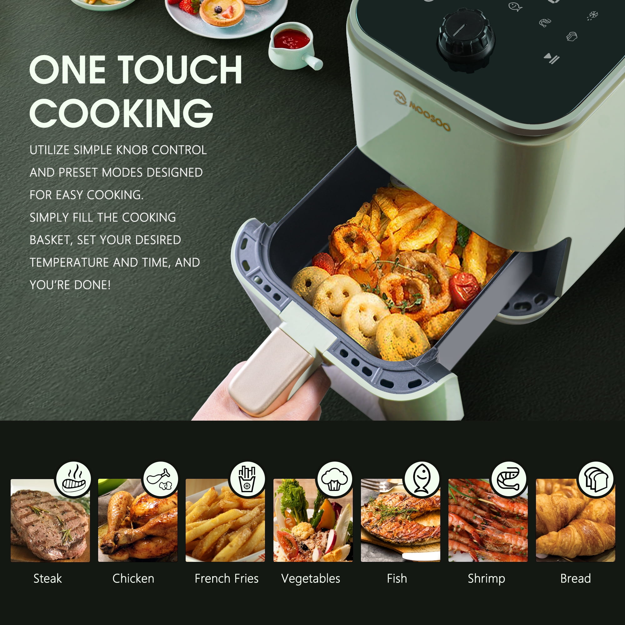 MOOSOO Dual Basket Air Fryer Oven, 2 Independent 3 Qt Baskets, with Knob  Control, Dehydrator & Bake 