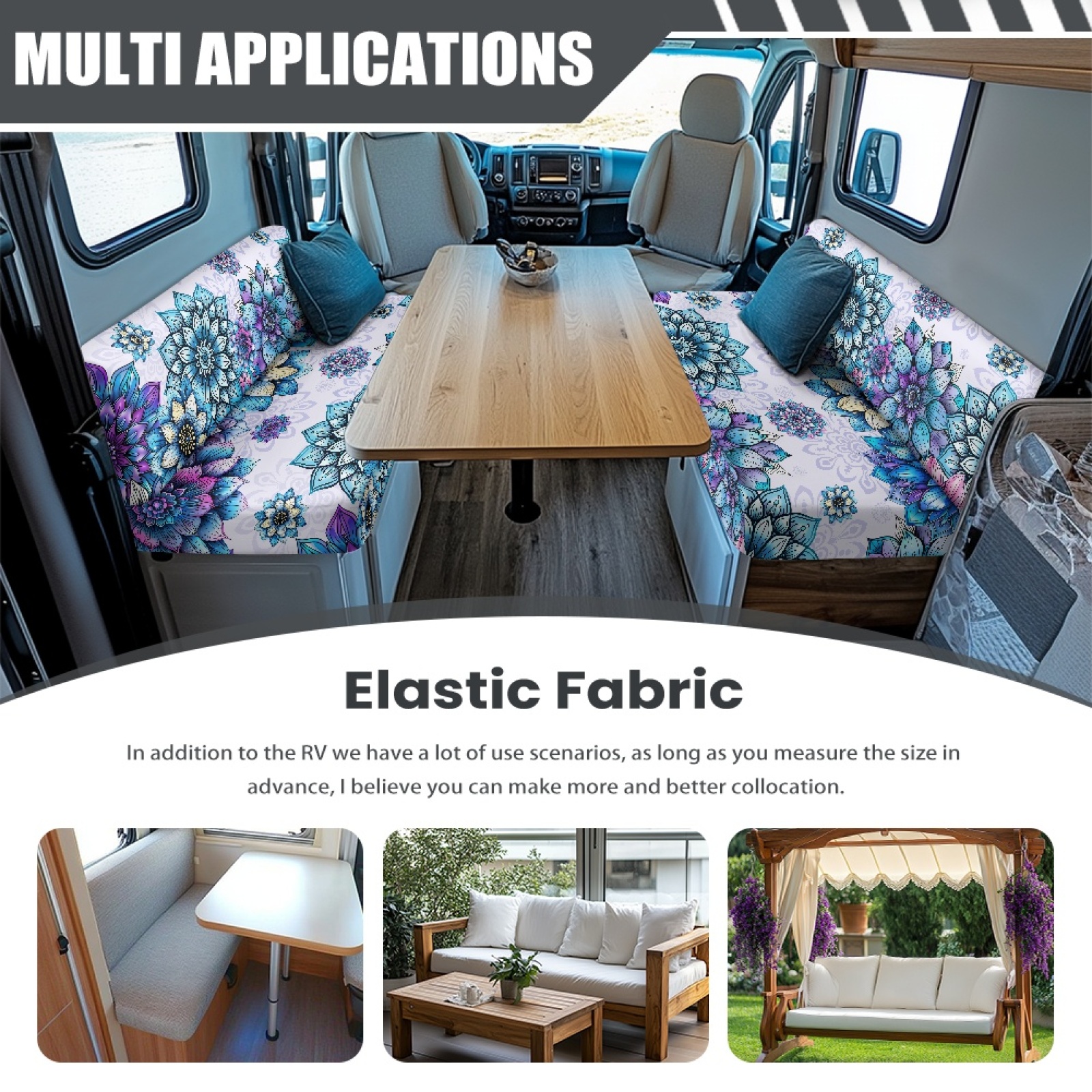 FORUDESIGNS Boho Mandala Flower Print RV Dinette Cushion Covers Wear-Resistan Camper Seat Covers Dinette Booth Stretch RV Couch Cover Include 1 Backrest Covers and 1 Bench Covers