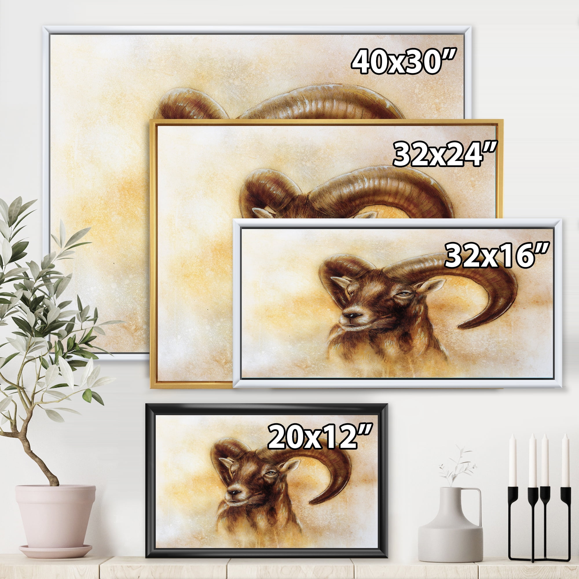 Designart 'Abstract Portrait of Wild Ram With Mighty Horns I' Modern Framed Canvas Wall Art Print