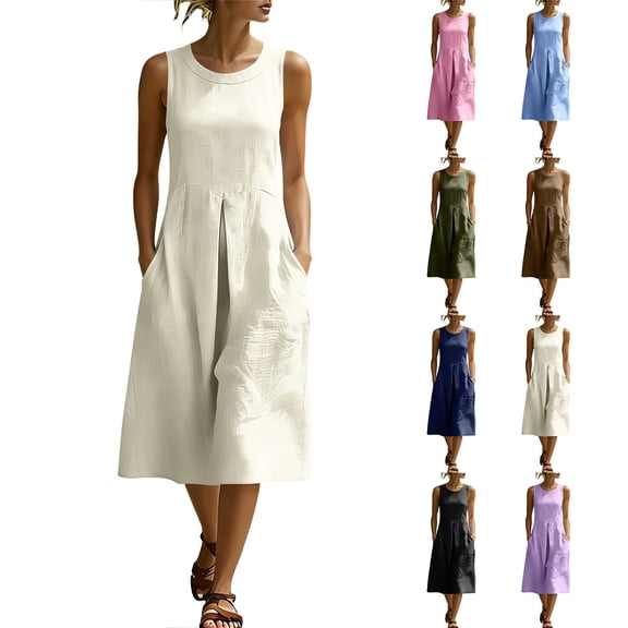 Zpzdpjkx Women's Solid Sleeveless Cotton Linen Midi Dress Round Neck Casual A-Line Summer Dress with Pockets
