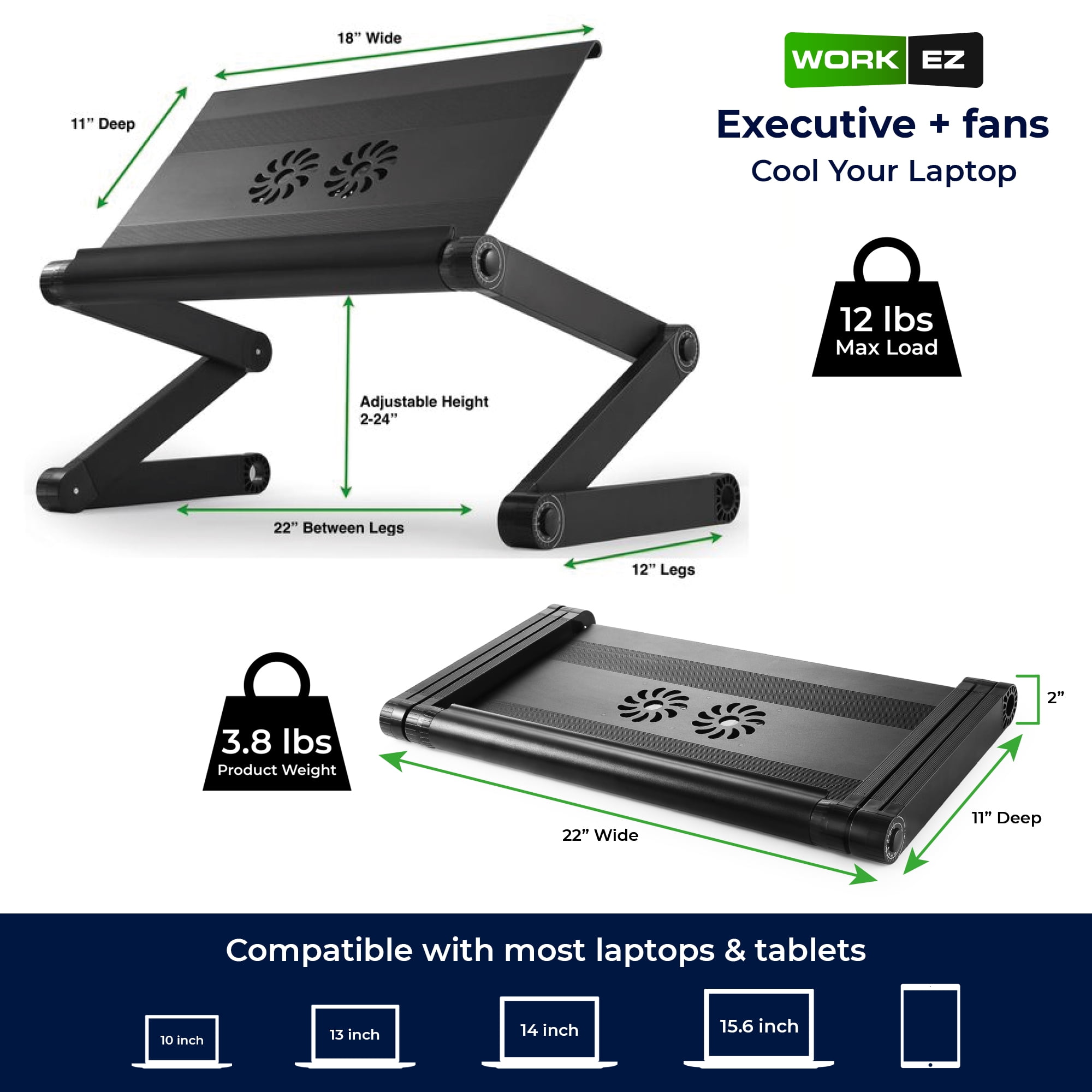 Adjustable Laptop Cooling Stand with Dual Fans & USB Ports – WorkEZ Executive Foldable Aluminum Laptop Desk for Bed, Couch & Office, Ergonomic Riser for Laptops up to 17”