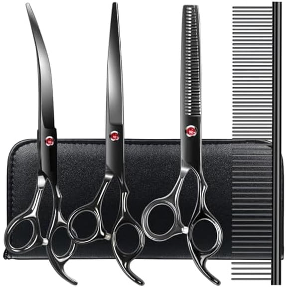 Professional Dog Grooming Scissors kit Black 5 in 1, Dog Shears for Grooming 6CR Premium Stainless Steel Grooming Scissors Kit for Dogs Cat Pet