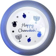 EcoQuality 7.5" inch Round Plastic Plates White Hanukkah Dessert Plates with Blue Rim Chanukah Menorah Design Hanukkah Party Heavy Duty Small Disposable Charger China Like Tableware (240 Pack)