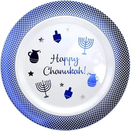 EcoQuality 7.5" inch Round Plastic Plates White Hanukkah Dessert Plates with Blue Rim Chanukah Menorah Design Hanukkah Party Heavy Duty Small Disposable Charger China Like Tableware (70 Pack)