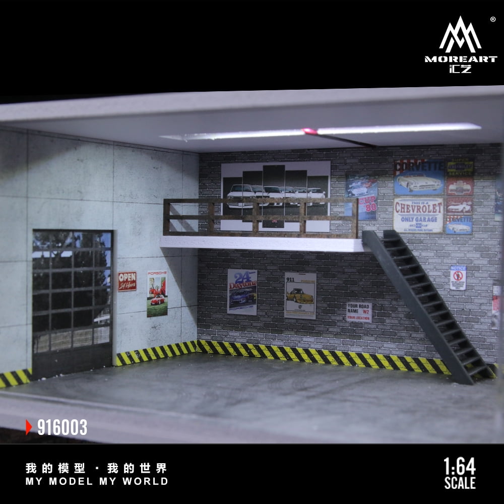 1:64 Scale Diorama Car Garage Model, LED Lighting Shown Scene Display Model, Diecast Car Model Display Case, Parking Lot Showcase, Showroom Scene Building Model Toy Gifts