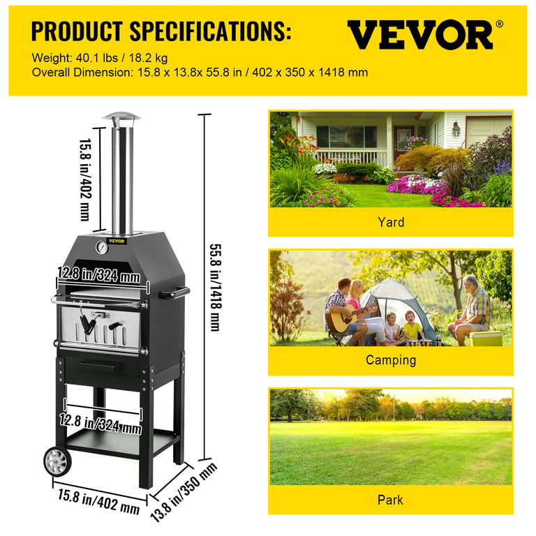 VEVOR Wood Fired Oven 12,Outdoor Pizza Oven with Foldable Legs,Stainless  Steel Pizza Maker 932℉ Max Temperature,Wood Pellets Burning Pizza Oven with  Accessories for Outside,Garden,Courtyard Cooking.