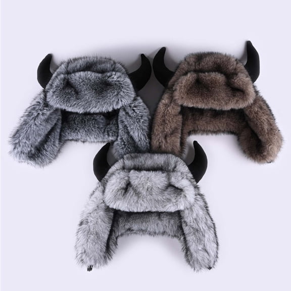 RYDCOT Men Cute Animal Horns Ears Winter Hat Plush Warm Trapper Hat Funny Viking Costume Snow Ski Hat