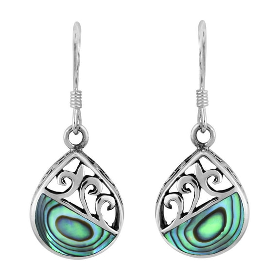 Ocean Teardrop Filigree Waves Abalone Shell on Sterling Silver Dangle Earrings