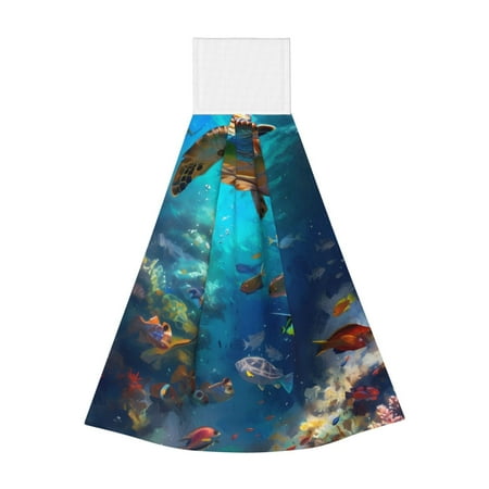 

Zeuib Underwater Fish Turtle Print Coral Velvet Hand Wipes Hanging Hand Towels Set with Hook & Loop Absorbent Towel for Bathroom Home