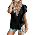 thumbnail image 2 of Liacowi Women Short Sleeve T-Shirts Summer Casual Contrast Color Ruffle V Neck Basic Tops Streetwear, 2 of 7