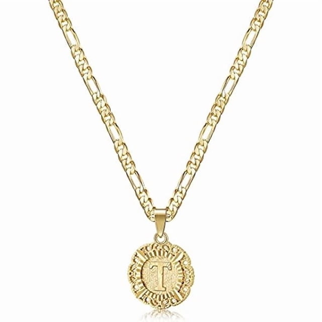 Chenchen Initial Necklaces for Women, 14K Gold Plated Round Letter Pendant Capital Monogram Necklace Alphabets from A-Z Figaro Chain Jewelry