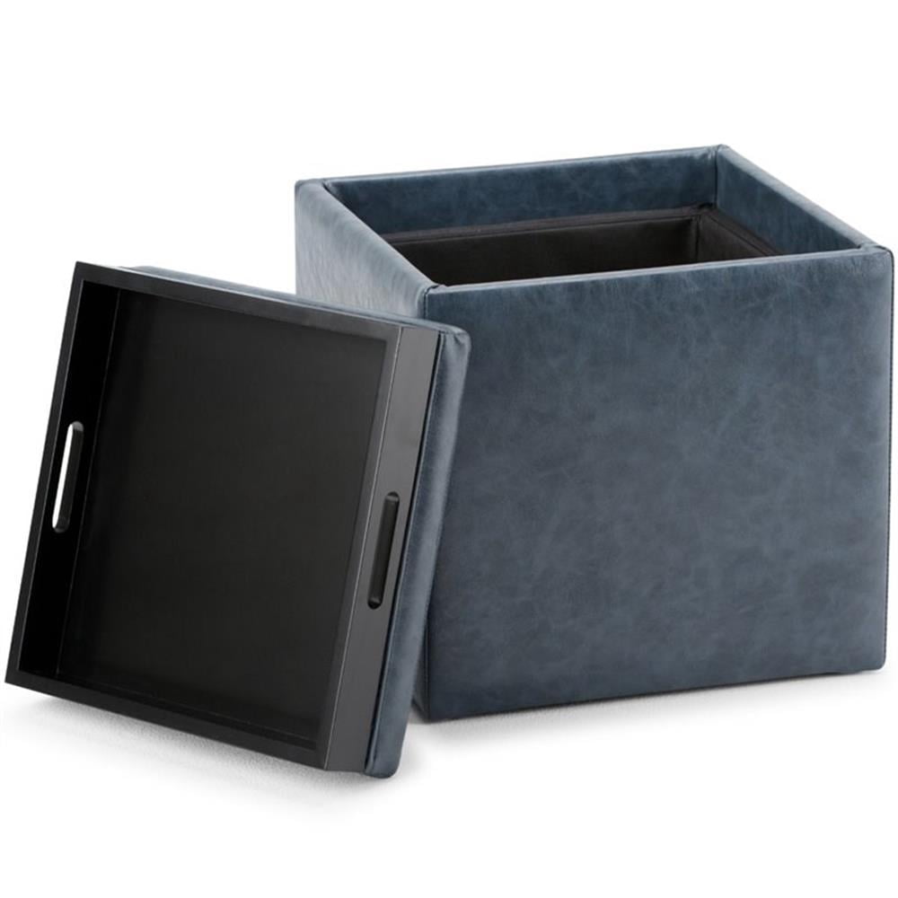 Simpli Home Rockwood 17 inch Wide Contemporary Square Cube Storage Ottoman with Tray in Denim Blue Vegan Faux Leather, Assembled