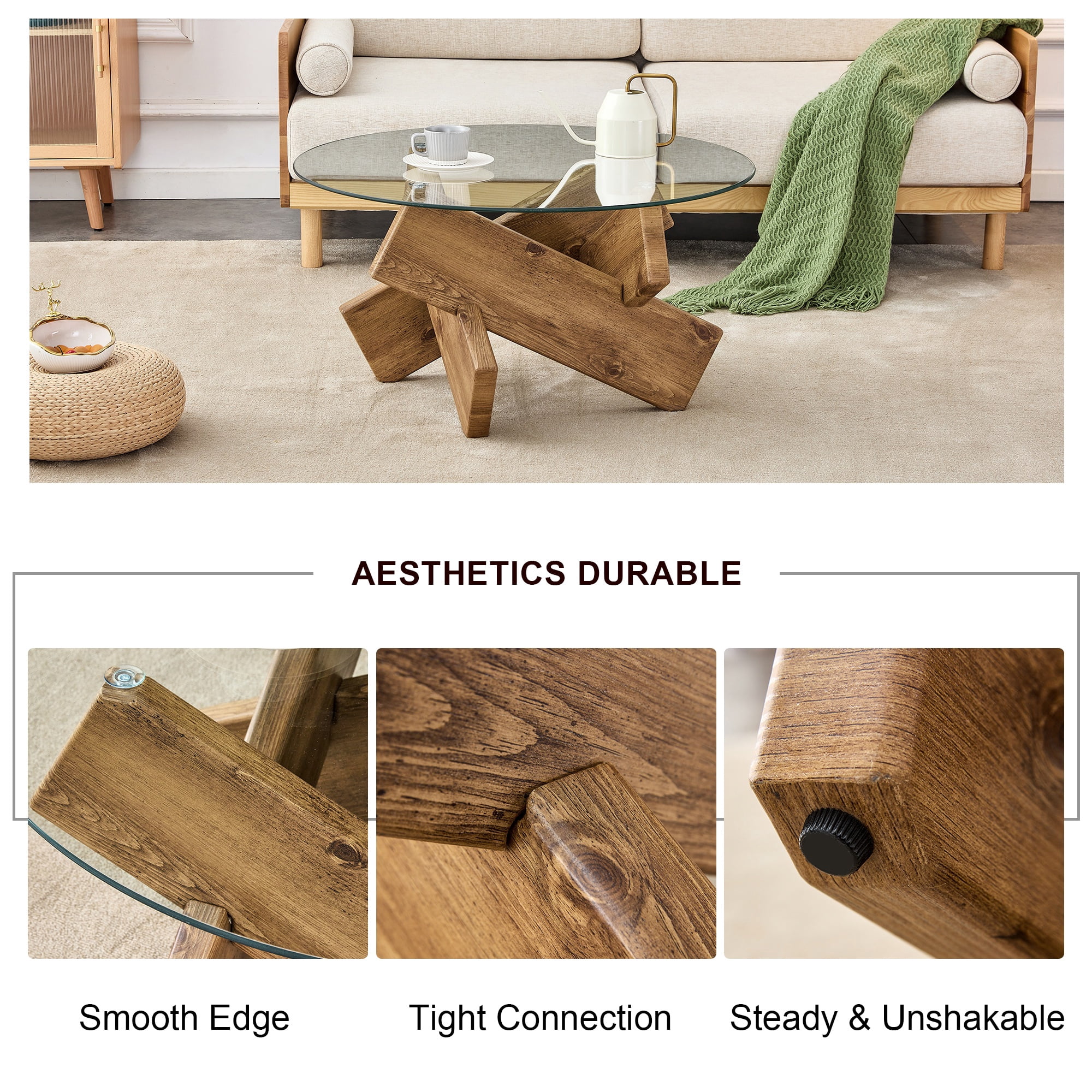 PORKISS Coffee Table, Glass Round Coffee Table for Living Room with Wood Legs, 33.4" Farmhouse Tea Table for Apartments, Reception Rooms, Center Table, Brown