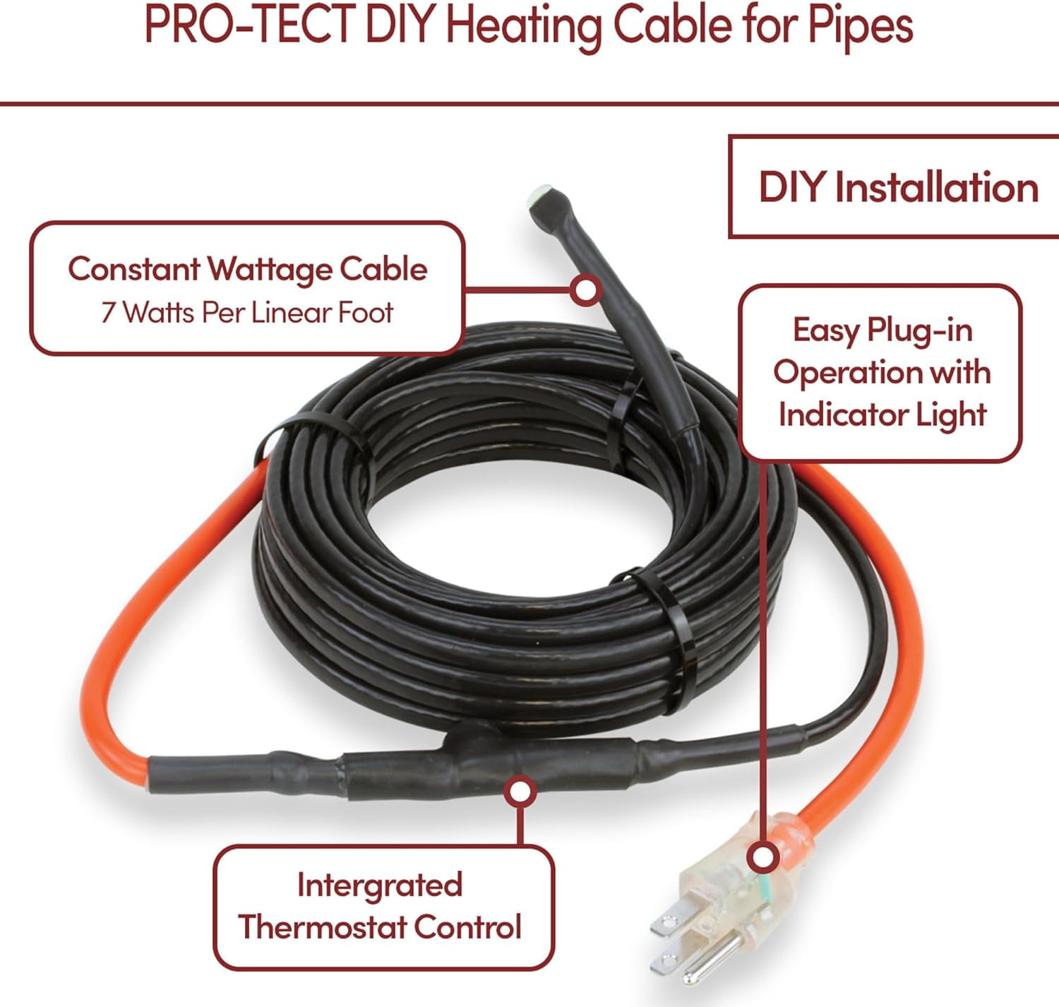Pipe Heating Cable Kit for Freeze Protection 80 feet, 560 Watts Plug-in Electric Pipe Heat Tape with Built-in Thermostat Control, Heat Cable for Water Pipes, cUL, CSA, ETL, WarmlyYours PRO-Tect