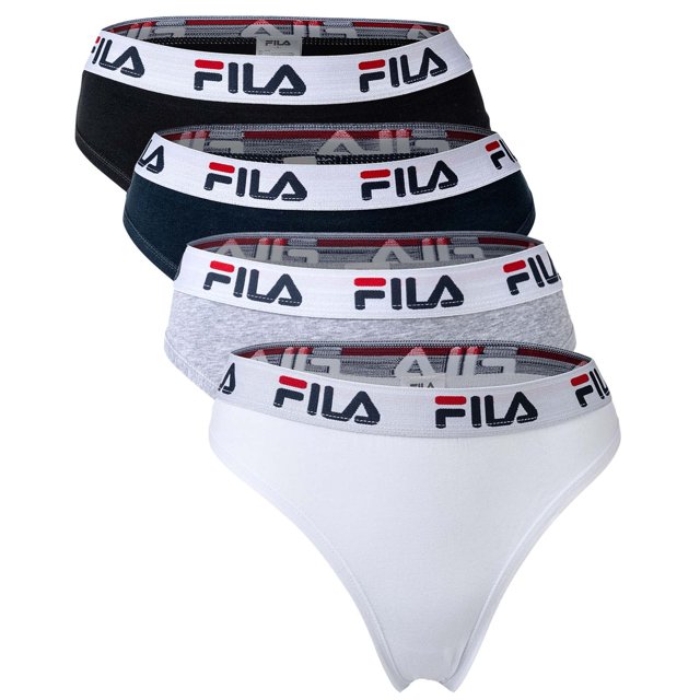 FILA Tanga para Mujer, paquete de 4 - Cintura con logotipo, Algodón Stretch, color sólido Blanco/Negro/Gris/Marino XL (X-Large)