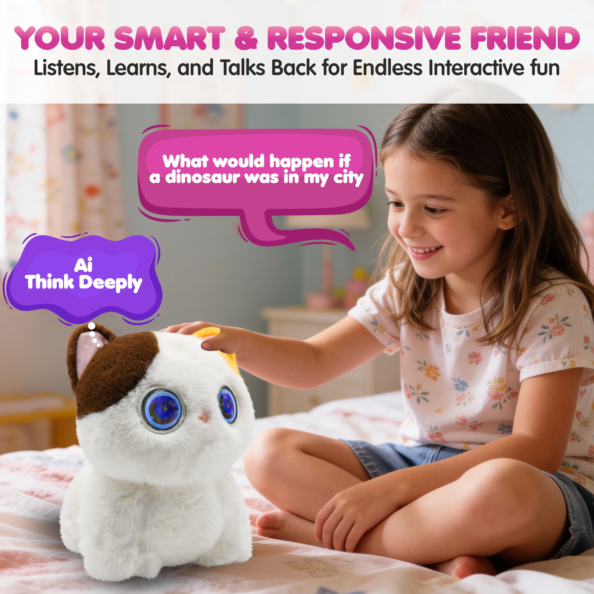 AI Pixie Paw Smart Interactive Plush Cat Voice Responsive Touch Activated Expressive Eyes AI Companion Stuffed Animal for Kids and Pet Lovers, White