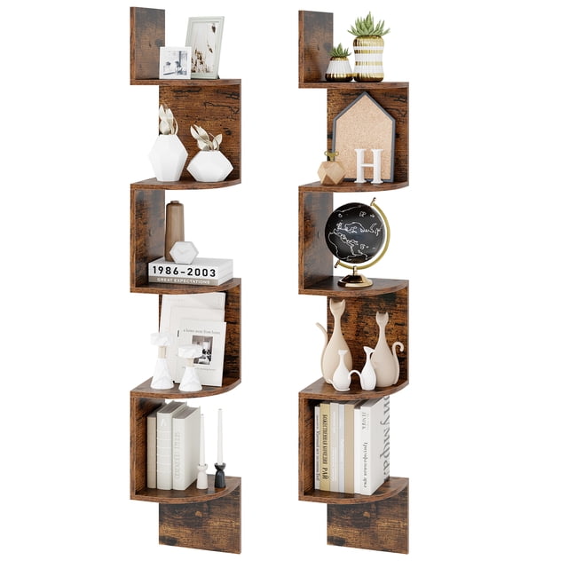 Patiojoy 2pcs 5-Tier Corner Shelf Wall Mount Floating Corner Bookshelf Industrial Corner Ladder Shelf Coffee