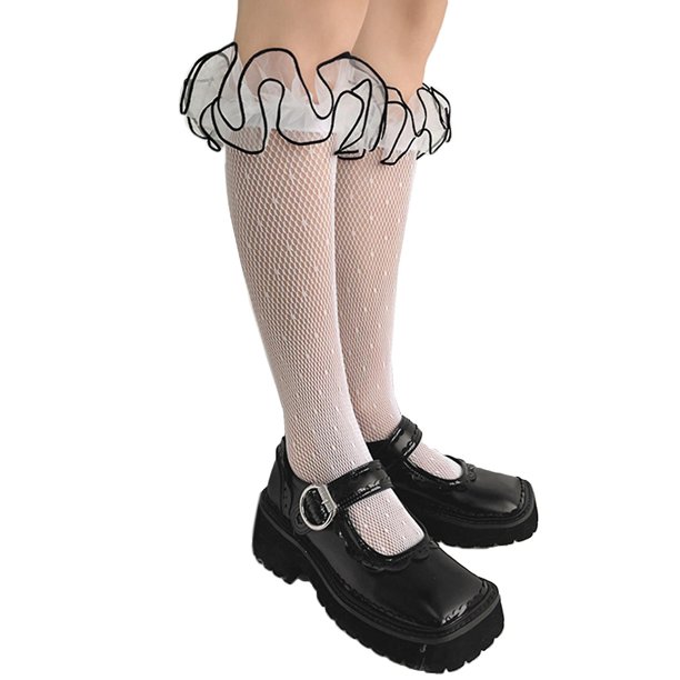 Calcetines hasta la rodilla de lunares de rejilla Lolita para mujer y niña, medias hasta la pantorrilla con adorno de encaje de volantes y lechuga de Color dulce en contraste