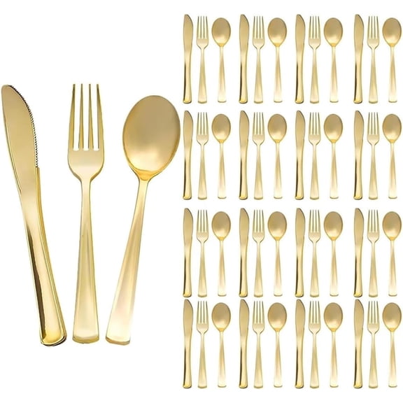 TEXIJUSO 75Pcs Disposable Plastic Cutlery, Plastic Heavy Duty Utensils for Parties, Gold Silverware Plastic Cutlery Set Include 7.4In Forks, 6.9In Spoons  and  7.9In Knives (Gold)