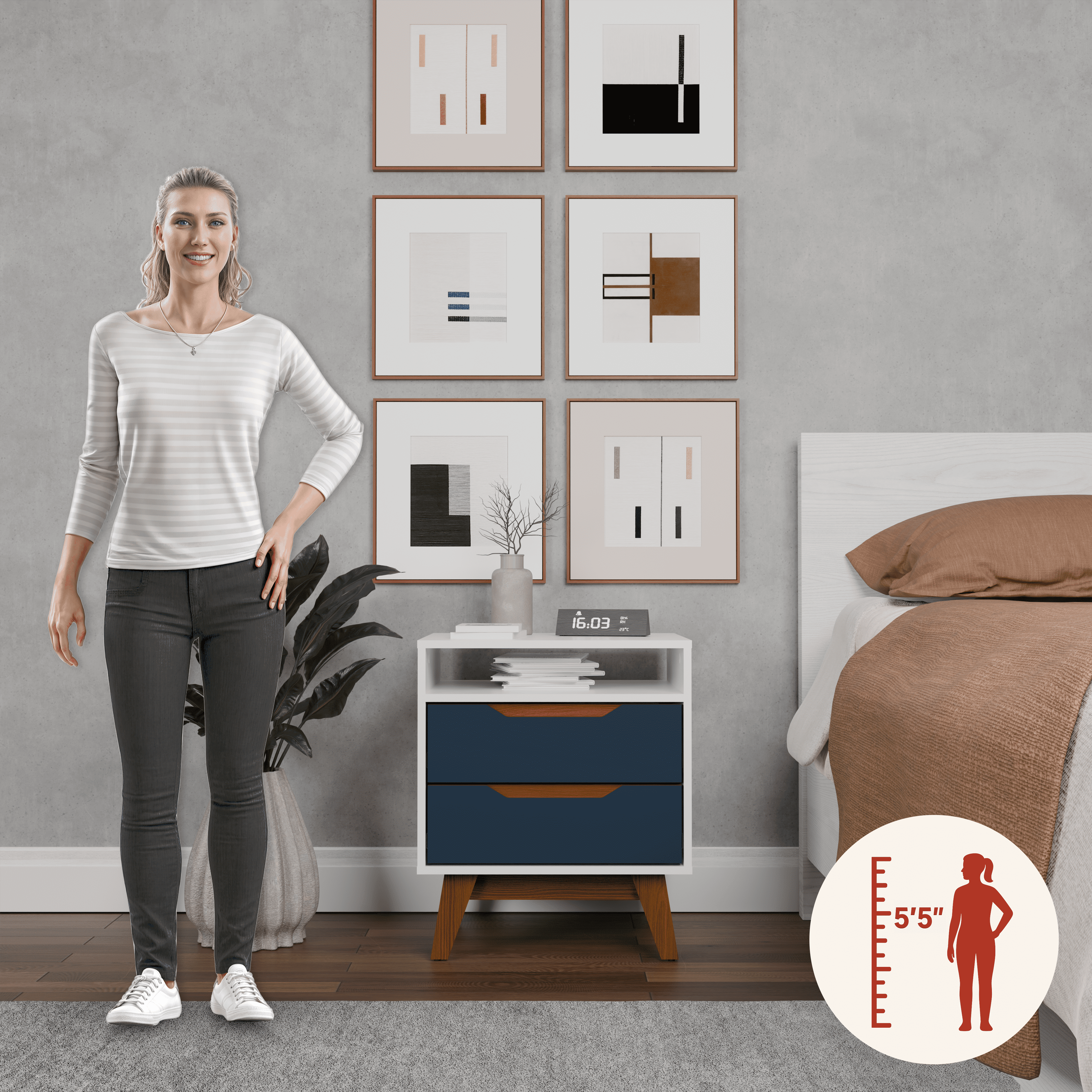 Kappesberg Paris 2-Drawer Nightstand with Open Shelf and Built-in Handles - White/Blue - for Adults and Teens