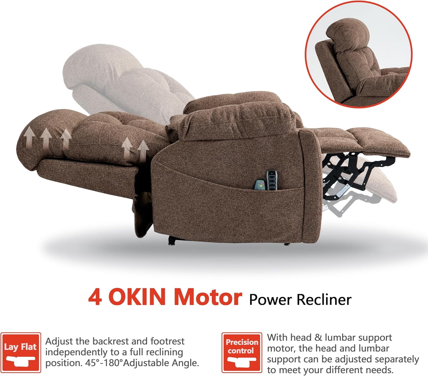 4 OKIN Motor Power Lay Flat Lift Recliner Chair for Elderly Adults Extra Large Recliners with Massage Heat, Adjustable Head-Back-Lumbar-Leg-Support, Extended Footrest, 2 Cup Holders