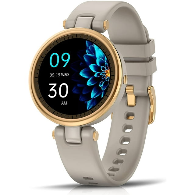 Montre Intelligente pour Femmes Compatible avec iPhone et Android, Écran Tactile 1.09 Pieds', Smartwatch Ronde, Étanche IP67, Tracker D\'entraînement Physique avec Moniteur de Fréquence Cardiaque et de Sommeil, Cycle Physiologique Féminin (Café)